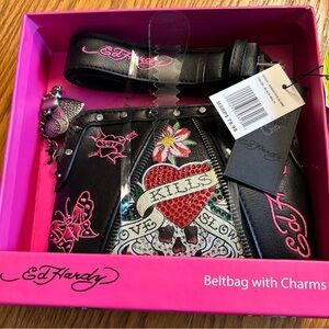 Ed Hardy Belt Bag with Charms Love Kills Slowly Black Studded Rhinestone NWT